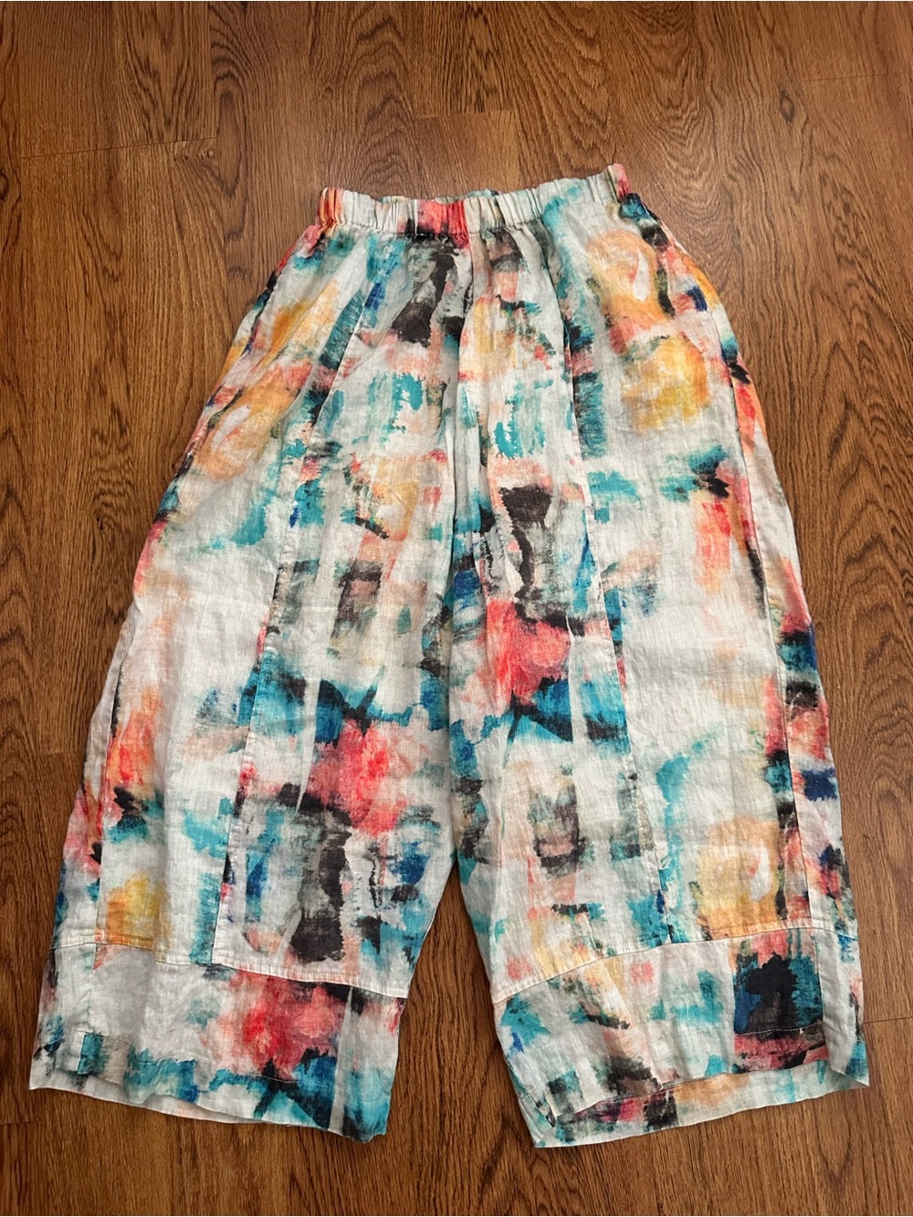 Alembika Wide-Leg Watercolor White/Multi small crop pants linen elastic waist